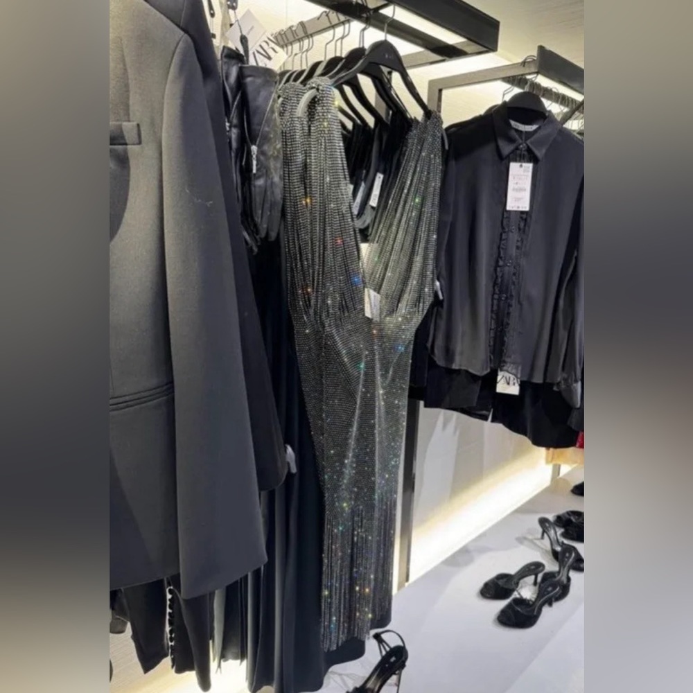 ZARA NEW WOMAN JEWEL WATERFALL DRESS WITH RHINESTONES SILVER - Picture 7 of 14